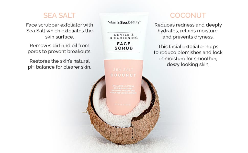 Vitamins and Sea Beauty, Hydrating Exfoliating Face Cleansing Scrub, Skin Deep Pore Cleanser Minimizer with Sea Salt and Coconut