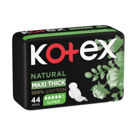 Kotex Natural Maxi Protect Thick Pads, 100% Cotton Pad, Super Size with Wings, 44 Sanitary Pads