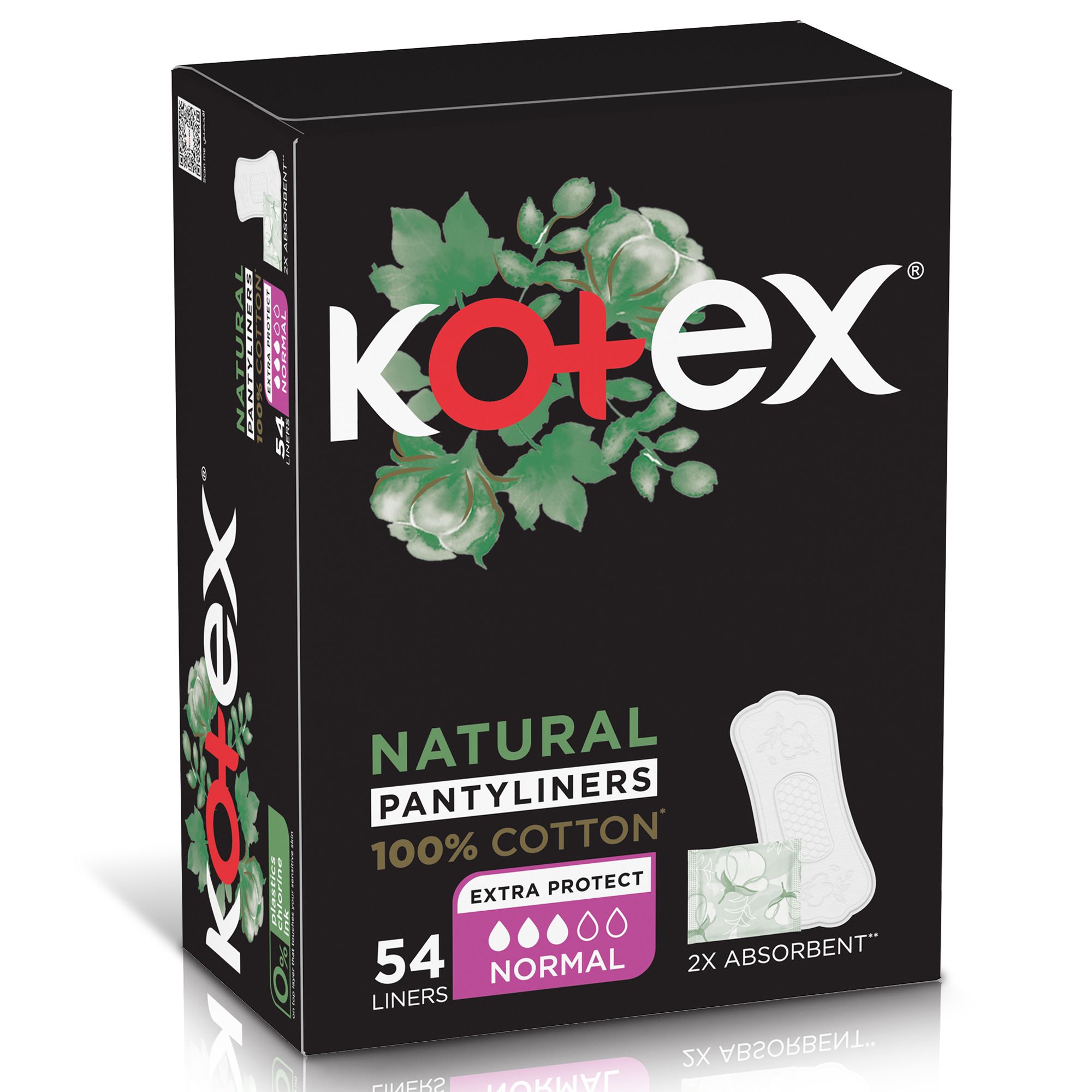 Kotex Natural Panty Liners, 100% Cotton, Normal Size, 54 Daily Panty Liners