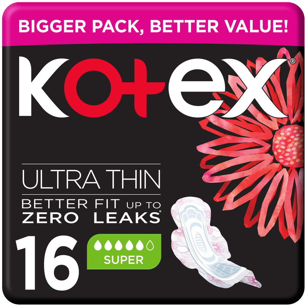 Kotex Ultra Thin Pads, Super Size Sanitary Pads with Wings, 16 Sanitary Pads