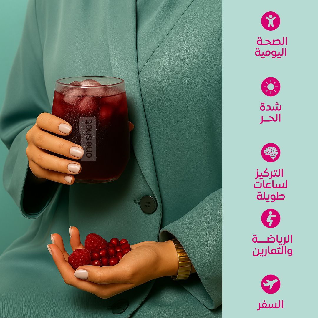 ون شوت ترطيب يومي خالٍ من السكر. معادن وفيتامينات متعددة بنكهة الرمان المنعشة (١٤ ظرف)