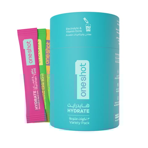 ون شوت ترطيب يومي خالٍ من السكر. معادن وفيتامينات متعددة بنكهات متنوعة (٣٠ ظرف)