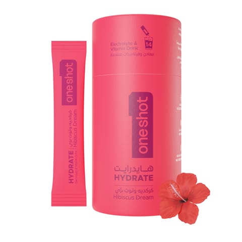 ون شوت ترطيب يومي خالٍ من السكر. معادن وفيتامينات متعددة بنكهة الكركديه والتوت البري المنعشة (١٤ ظرف)