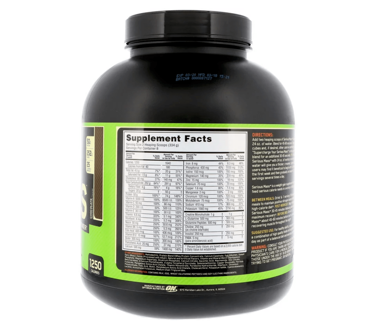 ON Optimum Nutrition Serious Mass Protien 8 Servings Chocolate Powder 6 Lb